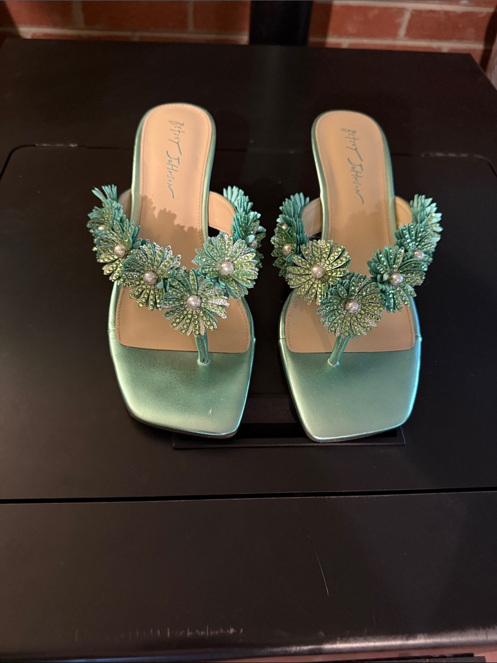Betsey Johnson Mint Green Floral Beaded Slide Mules